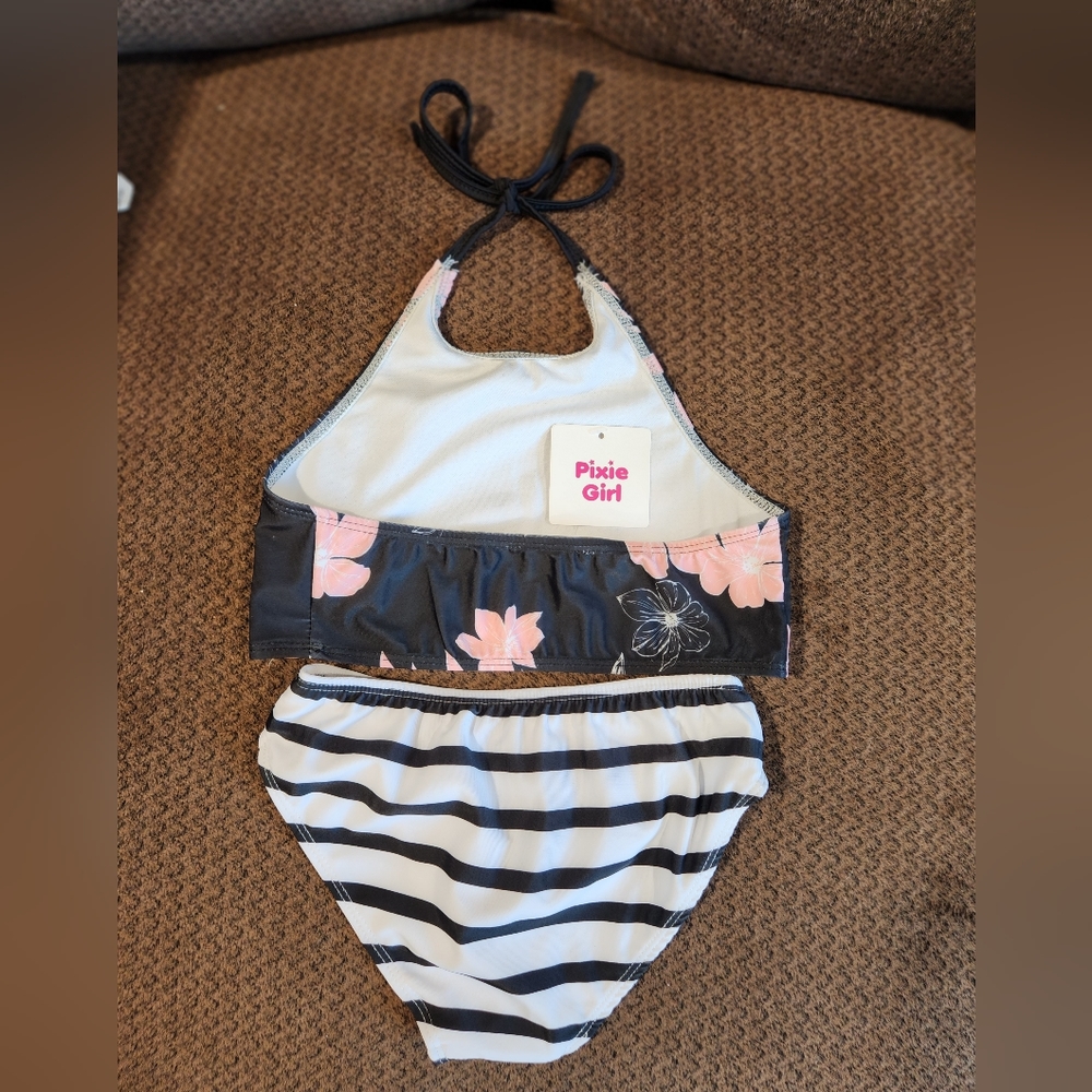 Pixie Girl Girl's Halter Bikini Black & Pink Floral & Stripe Size 10/12 NWT - Picture 4 of 5
